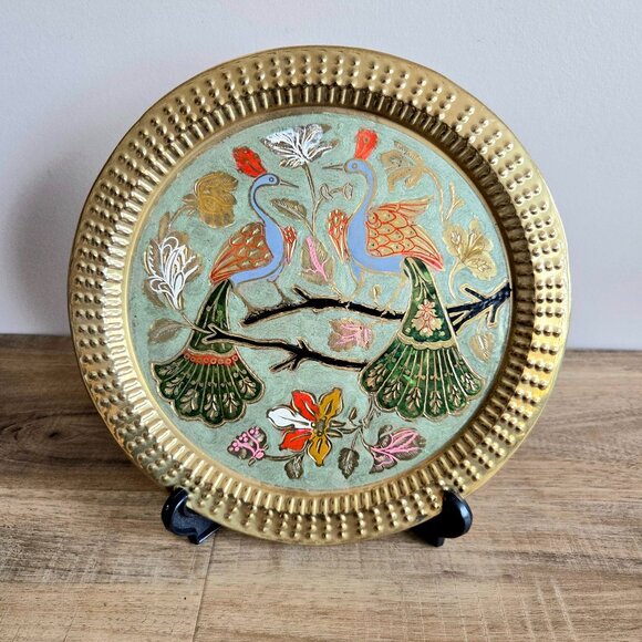 Vintage Brass Round Serving Tray with Enamel Peacock and Flowers Design. - Picture 1 of 6